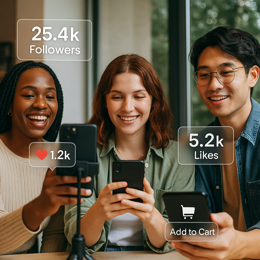 Micro-influencers creating social commerce content with engagement metrics and shoppable video overlays.