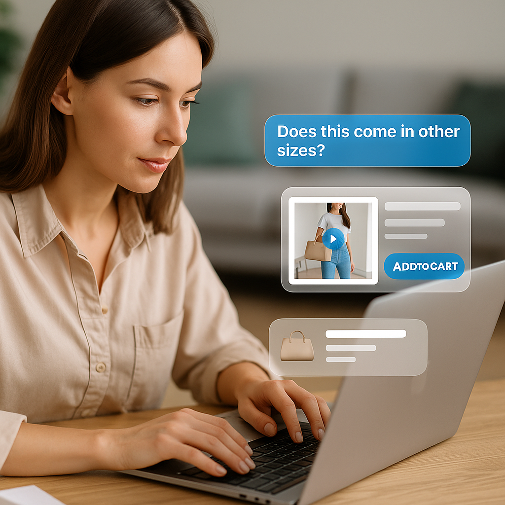 Shopper browsing a PDP with short-form video and AI-powered Smart FAQ overlays for faster conversion.