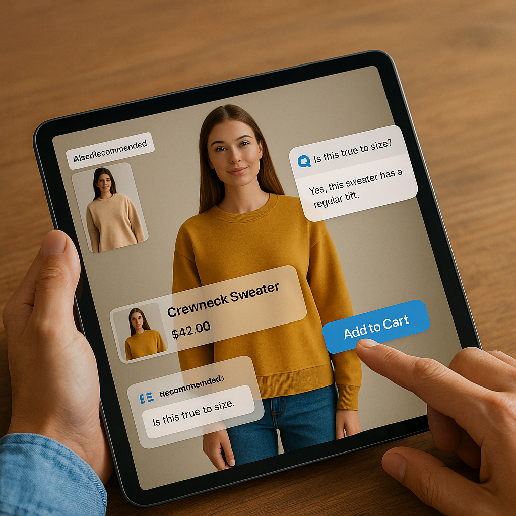 Product detail page with short-form video, shoppable overlays, and conversational AI Smart FAQs boosting conversions.