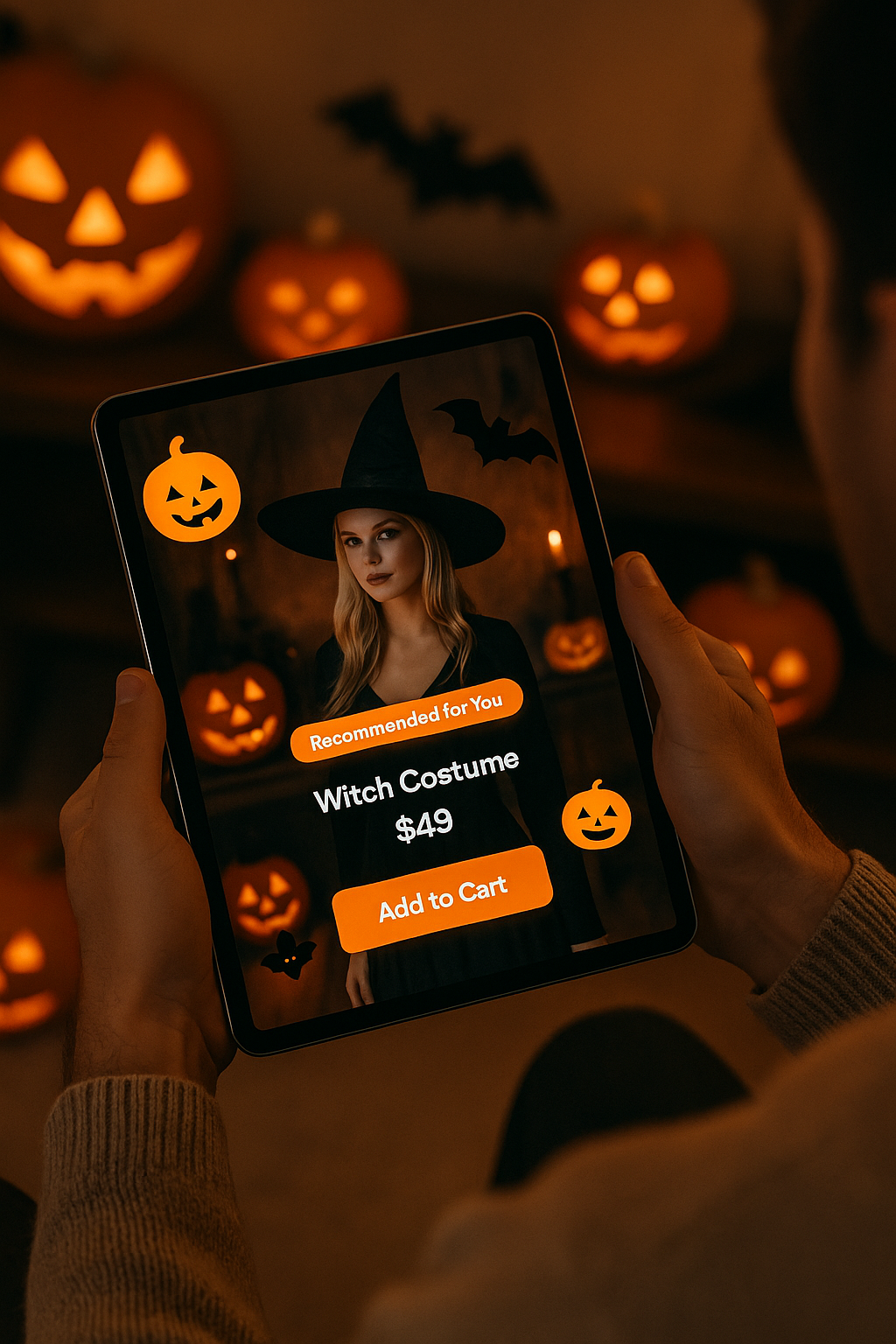 Shopper browsing Halloween products with personalized AI-powered recommendations and shoppable video overlays.