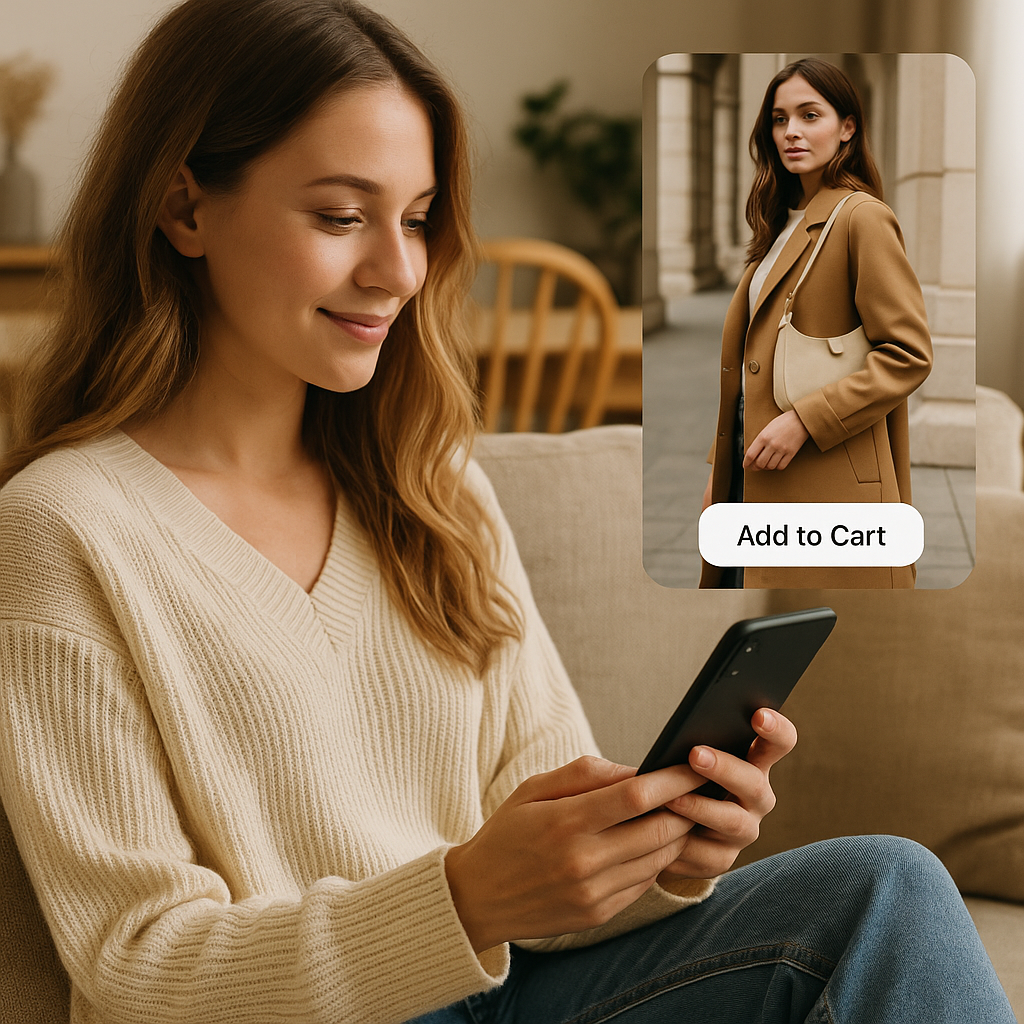 Shopper browsing a personalized fashion video with interactive shoppable product tags.