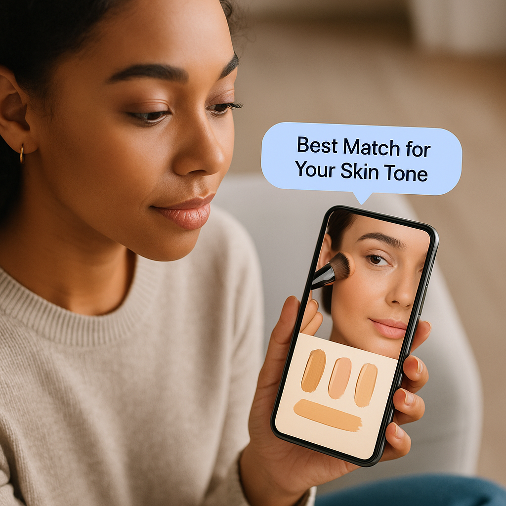 Beauty shopper viewing a personalized makeup tutorial with foundation shade recommendations.