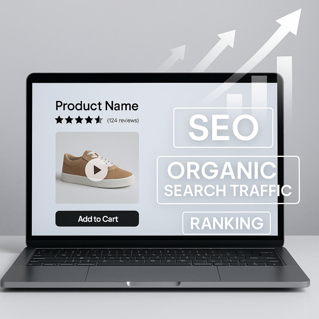 A professional reviewing SEO analytics with video content performance metrics linked to product pages.