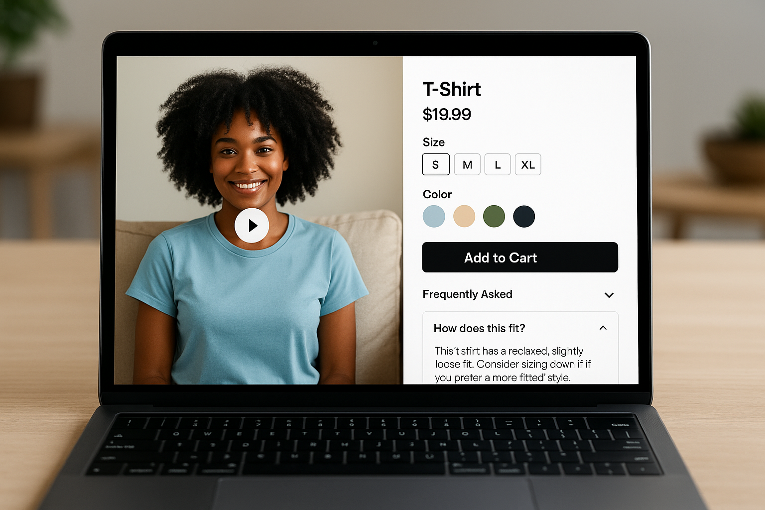 A laptop displaying a product detail page with an embedded product video and SEO growth overlays.