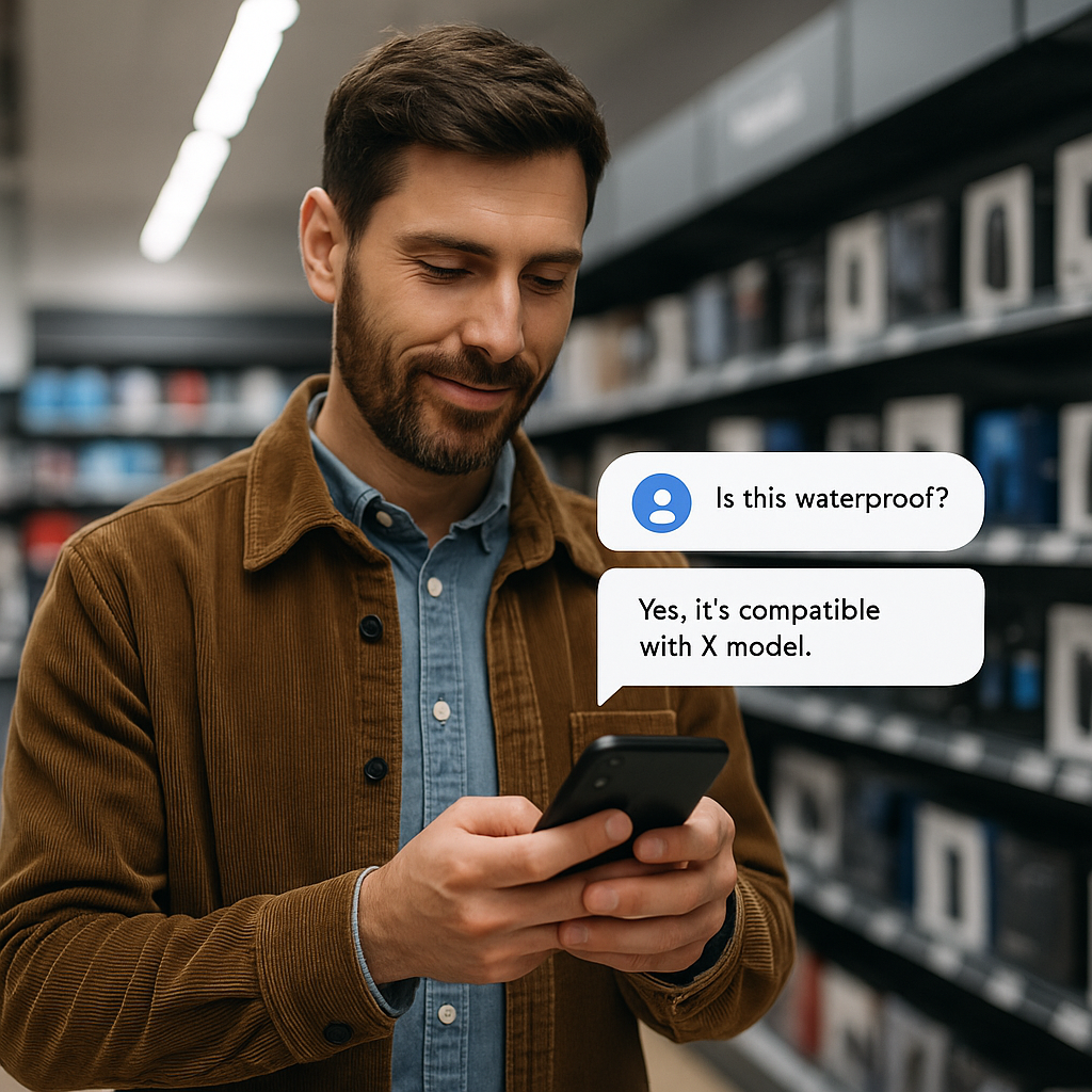 A realistic photograph of a man using his smartphone in a store aisle.