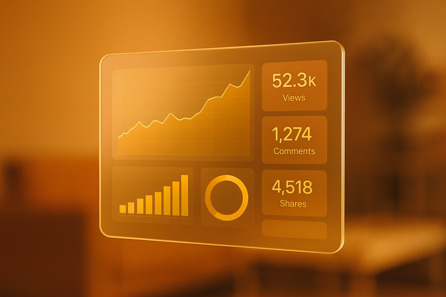 A futuristic analytics dashboard with performance metrics including views, comments, and shares displayed on a transparent glass interface, set against a bright gradient background in pink, orange, and purple tones — symbolizing data-driven marketing and v