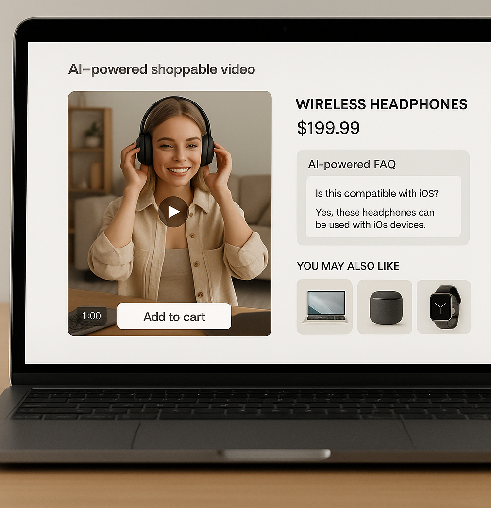 A close-up digital image of a smartphone displaying an eCommerce product detail page (PDP) featuring an AI-powered shopping assistant. The screen shows a product listing with an interactive “Try this shade” chatbot message, “Buy Now” and “Personalized” but