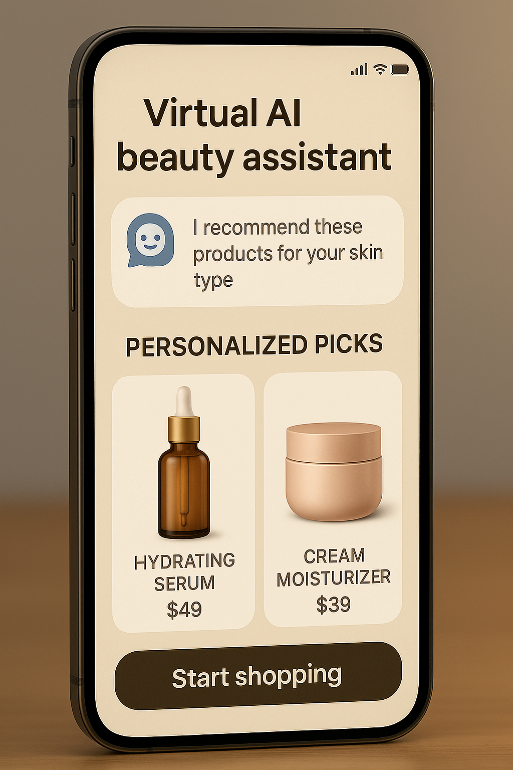 A digital graphic displays a smartphone screen featuring a virtual AI beauty assistant within a modern DTC shopping interface. The interface shows personalized skincare and makeup recommendations, including product thumbnails, shade suggestions, and an “Ad