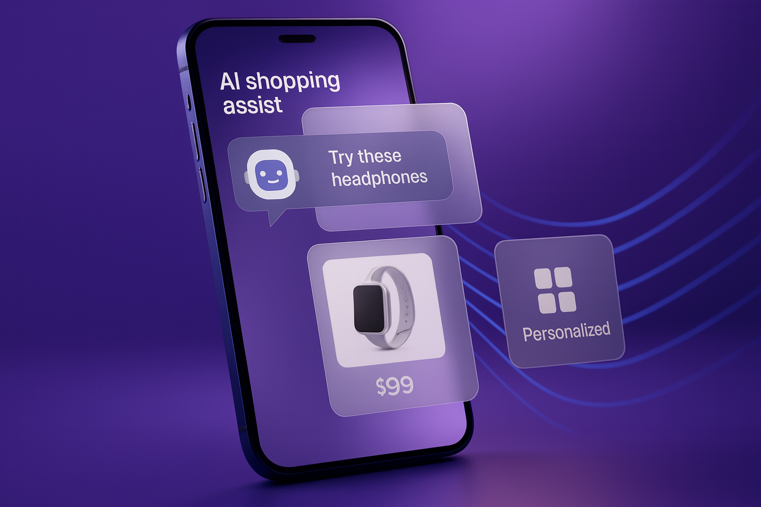 A 3D-rendered digital image of a smartphone displaying an AI shopping agent interface with personalized product recommendations, including headphones, shoes, and a smartwatch. Each item shows ratings and an “add to cart” button. The background features a s
