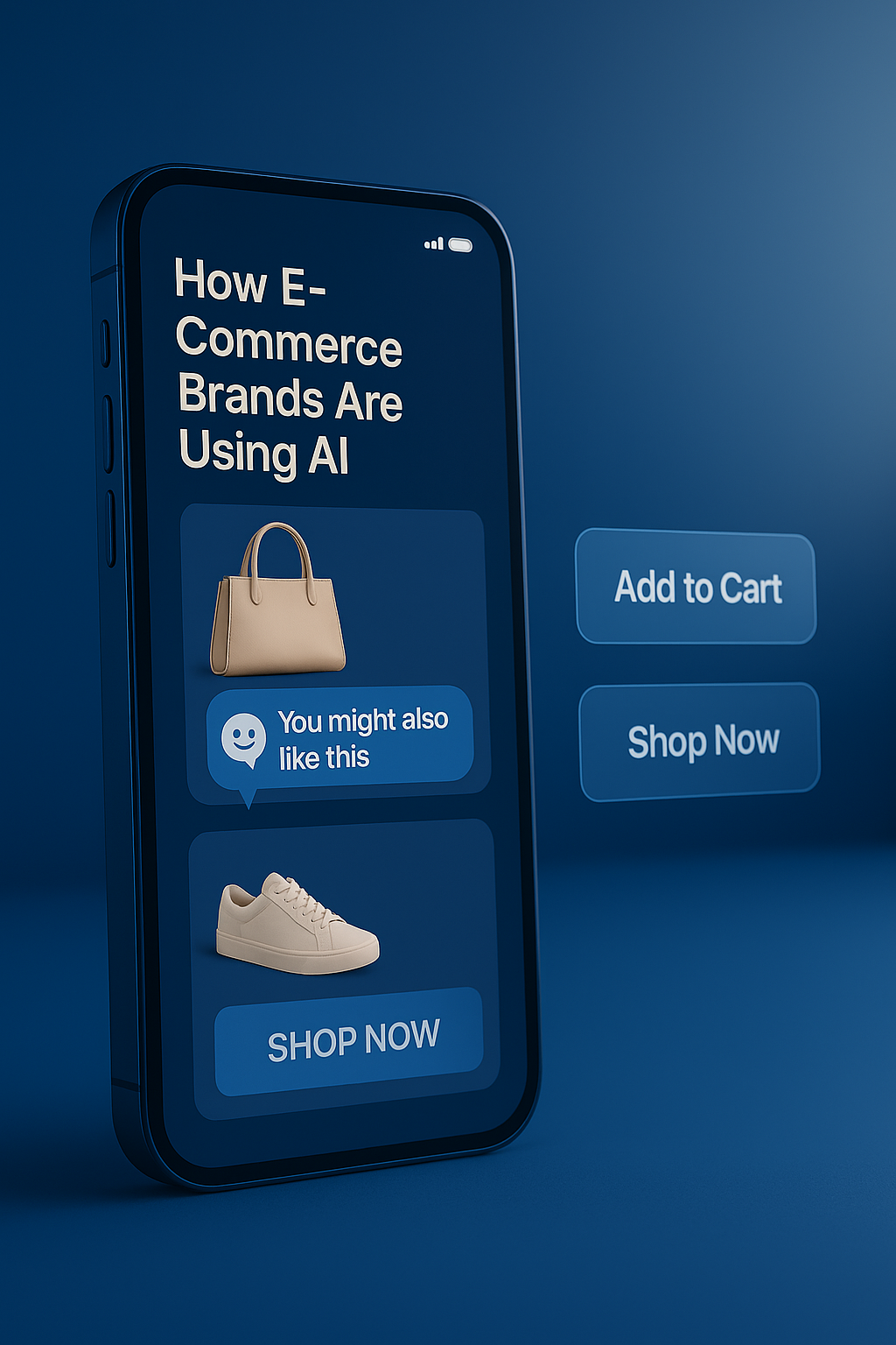A dark blue smartphone on a blue background displaying an AI-powered ecommerce interface. The screen headline reads “How E-Commerce Brands Are Using AI,” with product cards showing a beige handbag and white sneakers, a chat bubble saying “You might also li