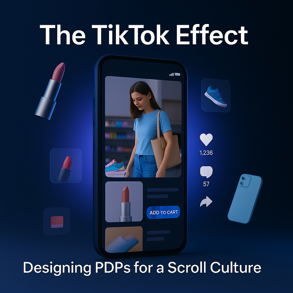 A digital concept image of a smartphone displaying a TikTok-style ecommerce interface, showing product videos of sneakers and lipstick with “Add to Cart” buttons. Floating icons for likes, comments, and shares surround the phone, all in a blue and purple g