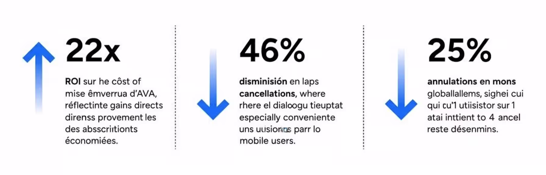 Graphique horizontal de statistiques indiquant : « ROI multiplié par 22 sur le coût de mise en œuvre d’AVA, reflétant les gains de revenus directs grâce aux abonnements conservés », « baisse de 46% des résiliations d’application, où le dialogue en temps réel est particulièrement pratique pour les utilisateurs mobiles » et « 25% de résiliations en moins au total, ce qui signifie qu’un utilisateur sur quatre qui comptait annuler reste désormais », chaque chiffre étant associé à des flèches bleues symbolisant l’amélioration.