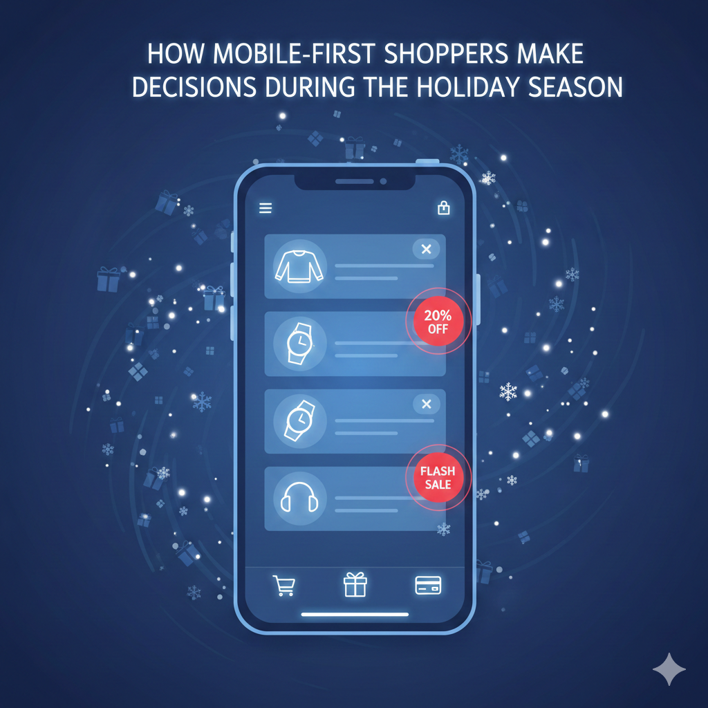 A dark blue digital illustration showing a smartphone with glowing ecommerce UI elements, including product cards, discounts, and shopping icons. Snowflakes and small gift silhouettes create a subtle holiday theme. The title reads, “How Mobile-First Shoppe