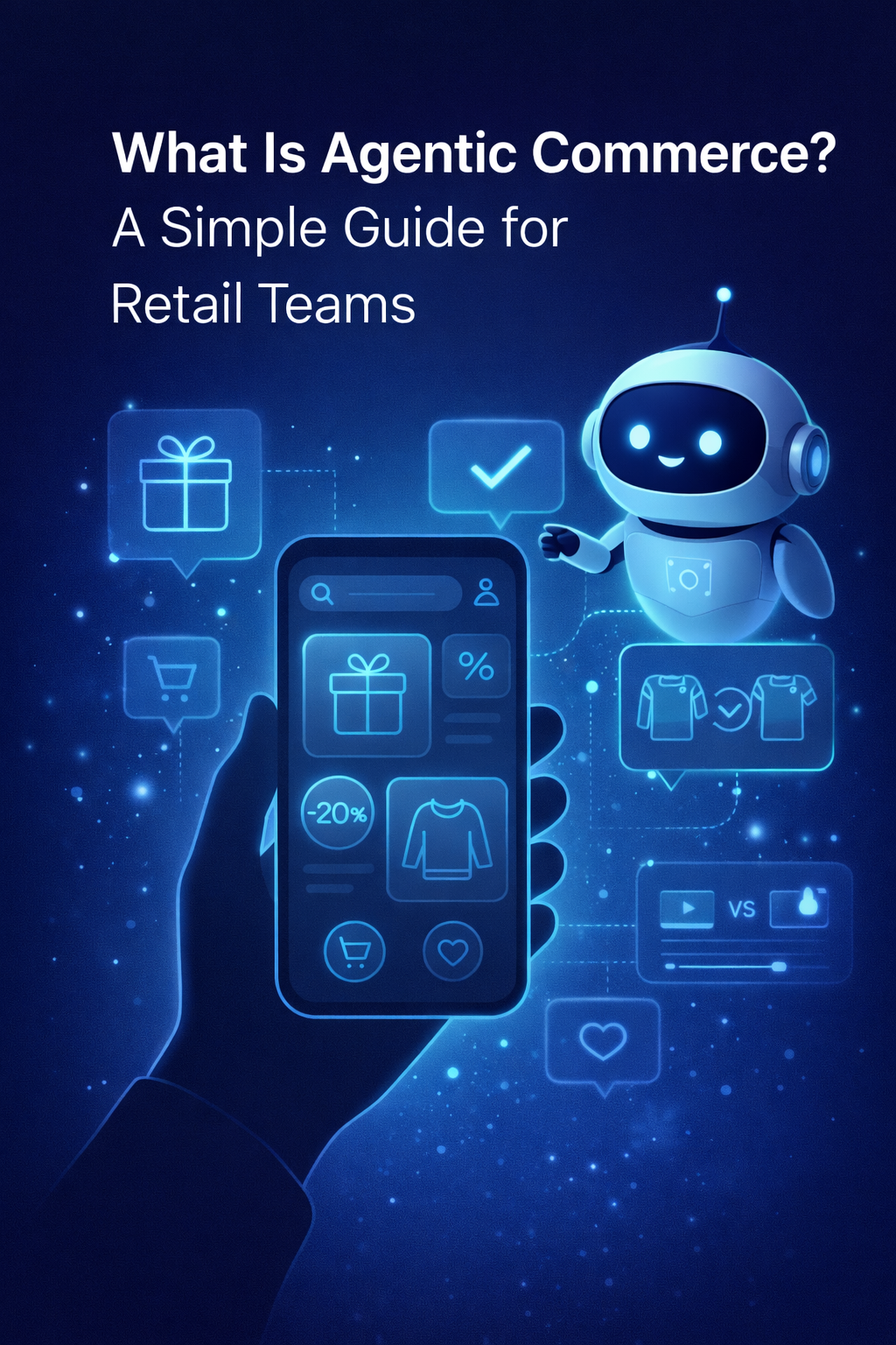 A futuristic digital illustration titled “What Is Agentic Commerce? A Simple Guide for Retail Teams,” showing a hand holding a smartphone with an interactive shopping interface while a glowing AI robot assistant points to product recommendations, discounts
