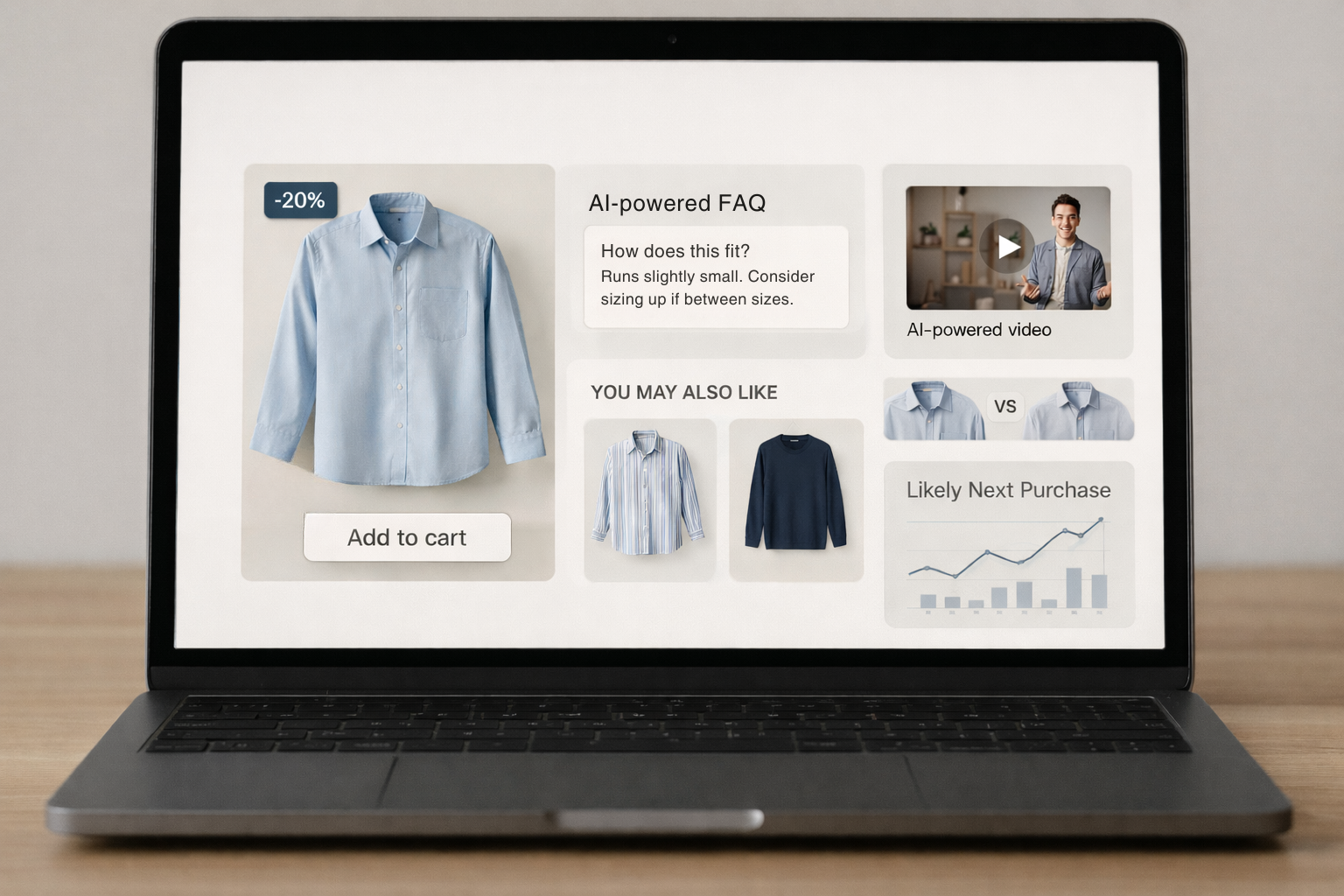 A realistic photograph of a dark gray laptop on a wooden desk displaying a modern e-commerce product detail page. The screen shows a blue button-up shirt with a 20% discount, an AI-powered FAQ answering fit questions, a shoppable video thumbnail, recommend