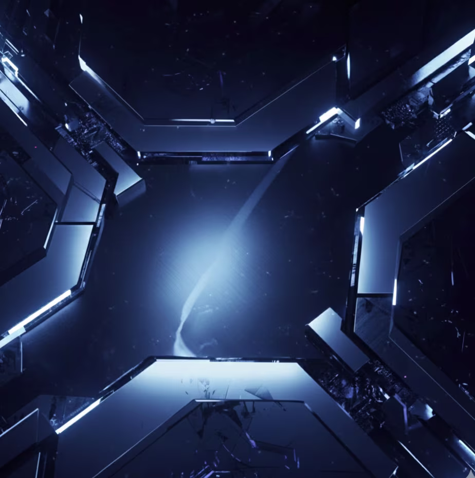 Futuristic blue abstract background with glowing metallic geometric shapes forming a central X-like pattern.