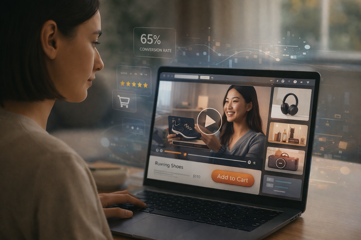 A shopper watches a product video on an ecommerce website displayed on a laptop, with a play button, product details, and an “Add to Cart” button visible, illustrating video commerce influencing purchase decisions.