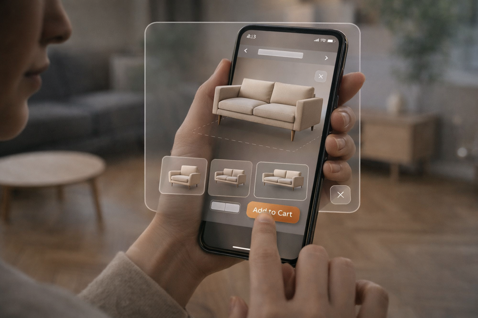A woman holds a smartphone while shopping for furniture online, viewing a beige sofa through a clean, minimalist mobile ecommerce interface with a transparent overlay showing alternate sofa options and an “Add to Cart” button, set in a modern living room.