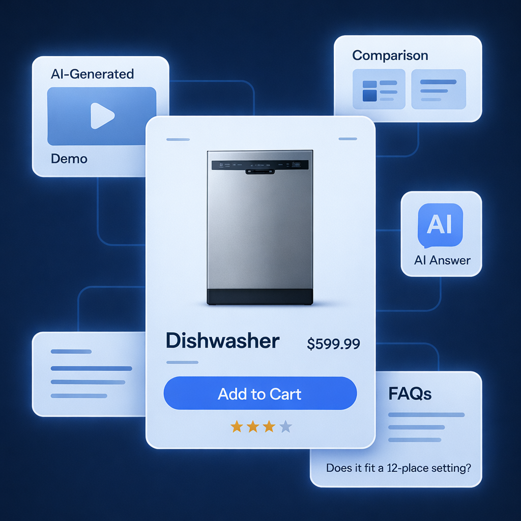 A blue-toned digital illustration showing an AI-powered ecommerce product page for a stainless steel dishwasher. The central product card displays the dishwasher with price, star rating, and an “Add to Cart” button, surrounded by connected UI elements labe