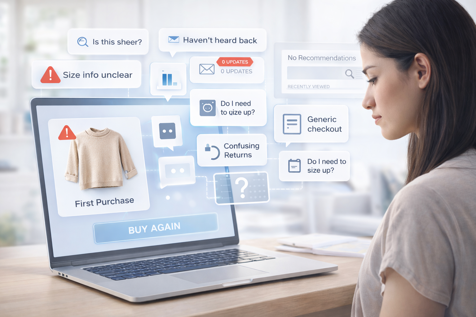 A modern shopper viewing a product detail page on a laptop in a bright, minimal workspace, with subtle UI elements indicating size uncertainty, returns friction, and lack of personalized recommendations, representing why first-time buyers may not return.