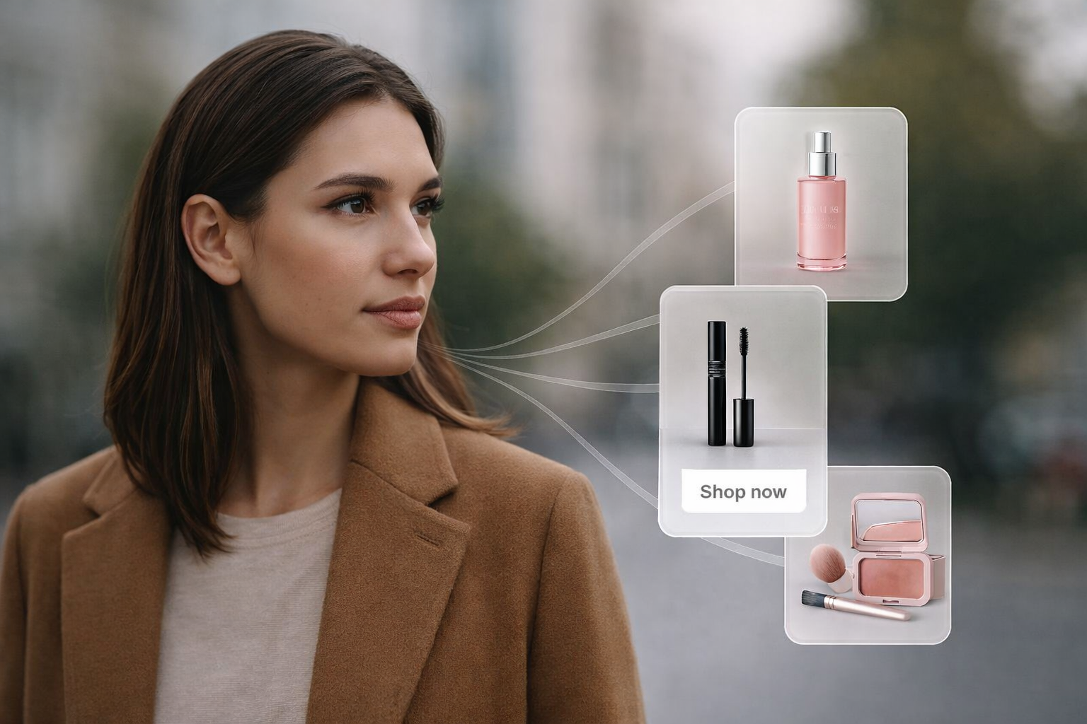A woman standing in an urban setting with floating cosmetic product cards beside her, showing a serum, mascara, and makeup compact within a soft, translucent ecommerce interface that represents AI-guided beauty product discovery and personalized shopping.