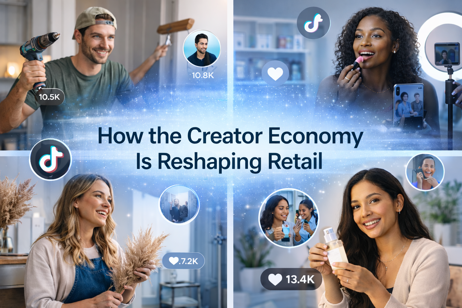 A split-screen digital image showing multiple creators producing shopping and product content, including DIY and beauty creators filming videos, with subtle social commerce icons and engagement metrics around them, illustrating how creator-led content is i