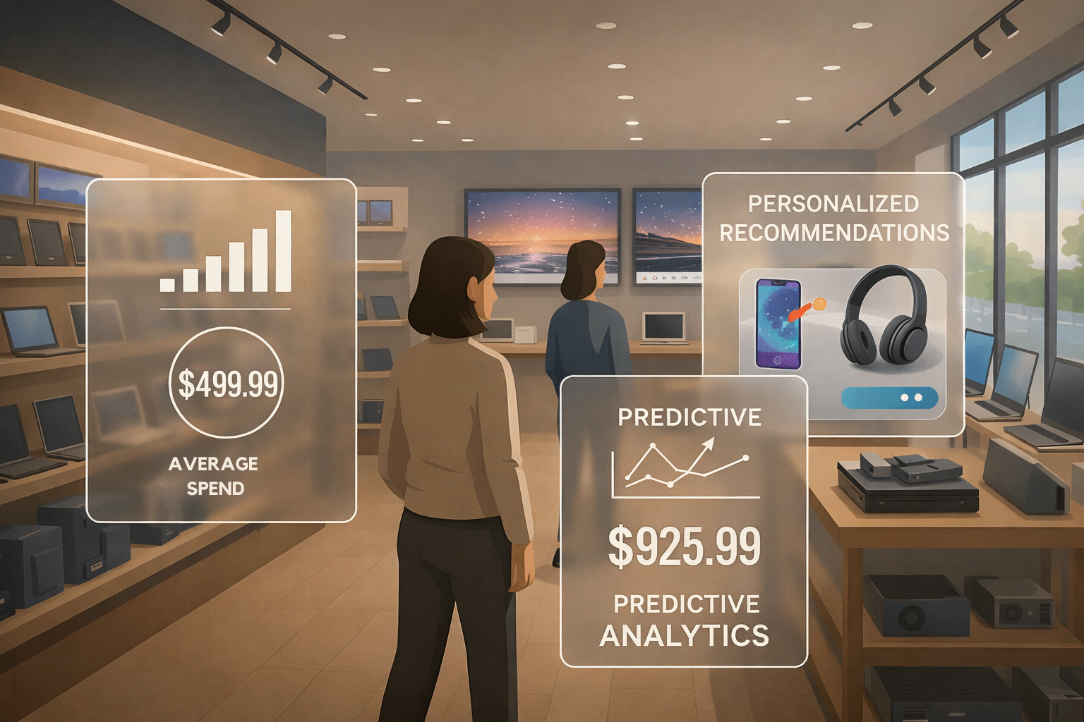Two shoppers browsing a modern consumer electronics store, with translucent AI interface overlays displaying predictive analytics, pricing insights, and personalized product recommendations for devices like TVs, smartphones, and headphones, illustrating da