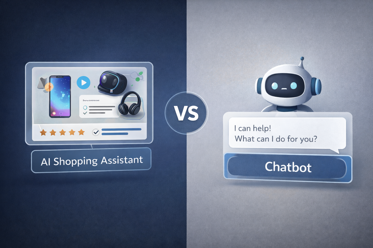 Side-by-side graphic comparing an AI shopping assistant and a chatbot, with the AI assistant shown as a product recommendation interface and the chatbot shown as a basic conversational bot, highlighting the difference between guided shopping and simple que