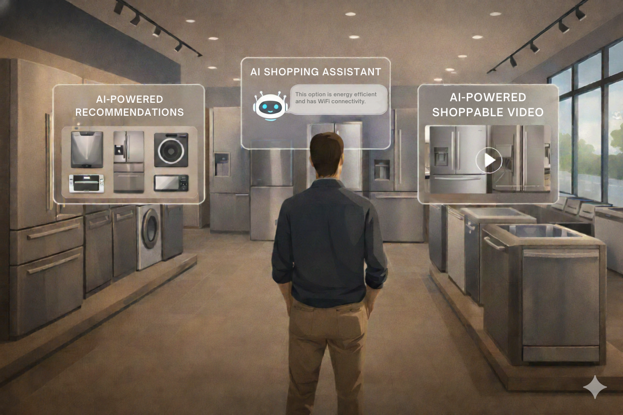 A man browsing a modern home appliance showroom with refrigerators and dishwashers, while translucent AI interface overlays show personalized recommendations, an AI shopping assistant, and an AI-powered shoppable video demonstrating an appliance with a pla