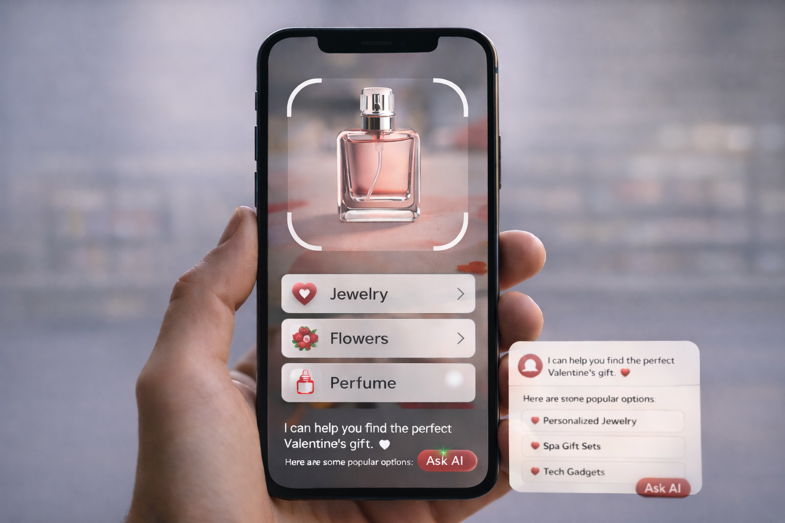 A shopper holding a smartphone that displays an AI-assisted Valentine’s Day shopping interface, with a perfume bottle centered on screen, category options for jewelry, flowers, and perfume, and an AI shopping assistant offering gift suggestions. 