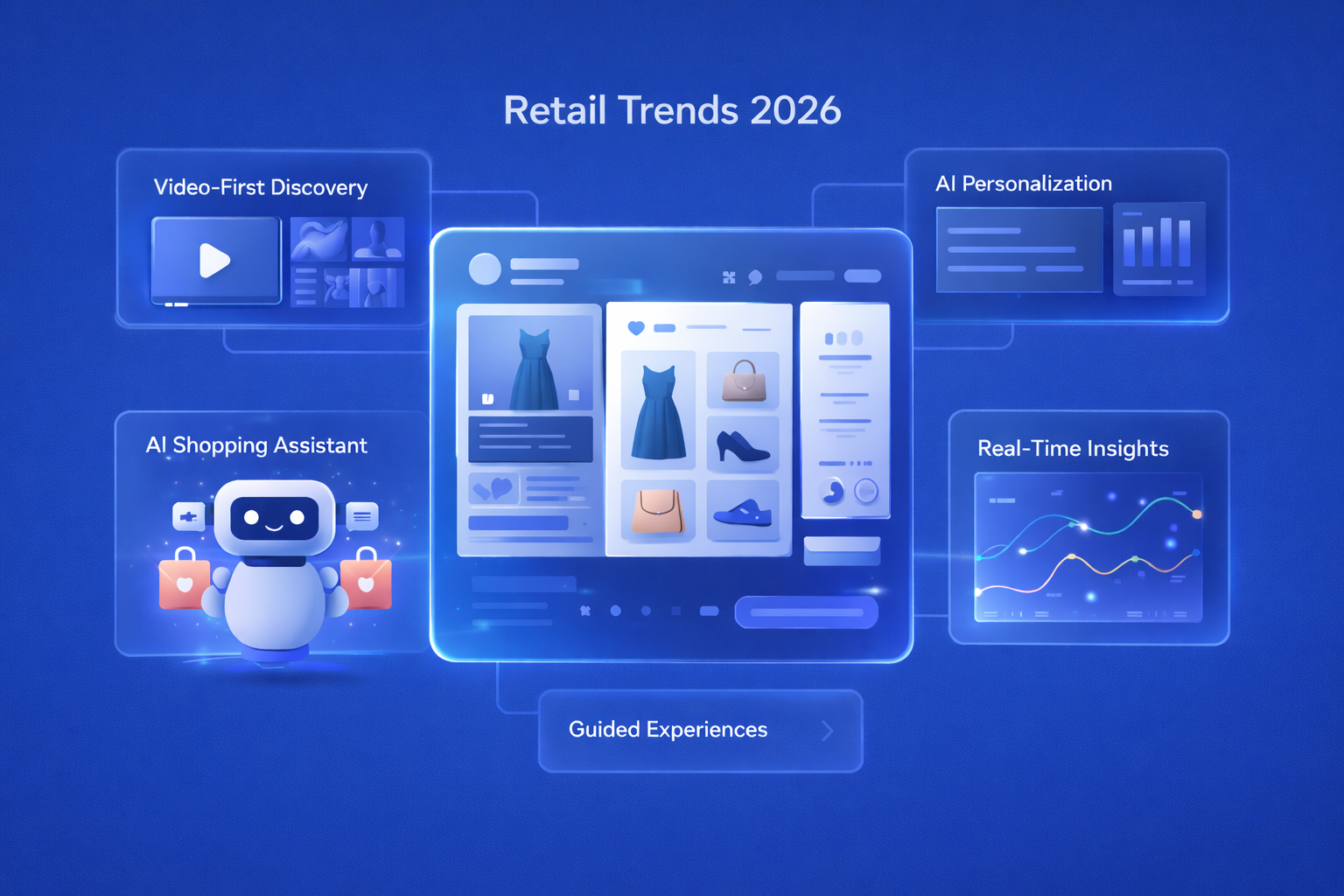 Abstract illustration of a modern ecommerce interface representing retail trends in 2026, with layered AI-driven UI cards for video-first discovery, personalization, shopping assistants, guided experiences, and real-time insights on a clean blue background