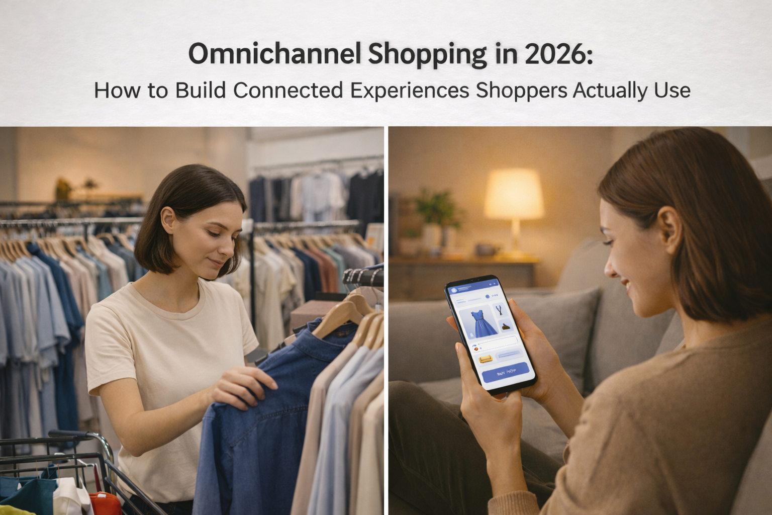 A woman browsing clothing racks inside a modern fashion store; on the right, the same shopper at home using a mobile shopping app to browse and purchase apparel, illustrating connected in-store and online retail experiences.
