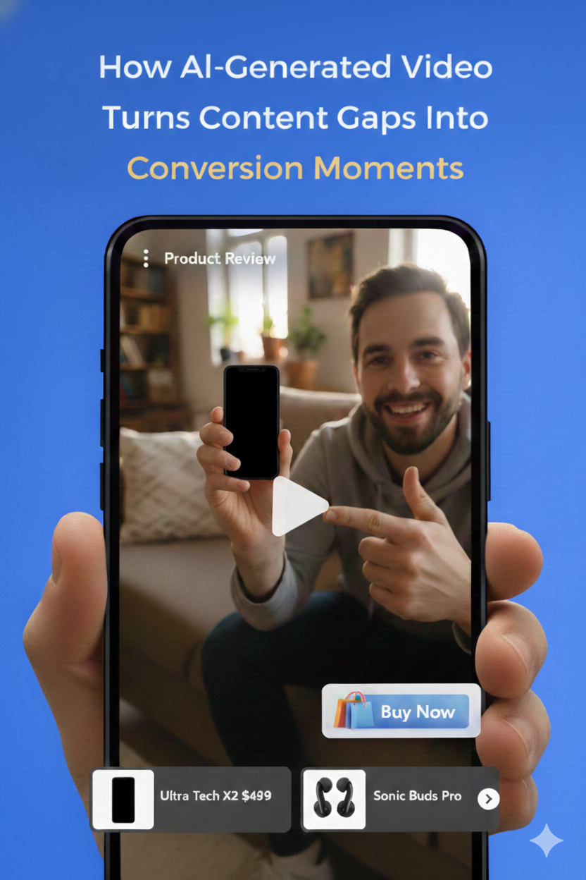 A hand holding a smartphone, displaying a user-generated product review video of a man sitting on a couch. The man in the video is smiling and pointing toward a smaller black smartphone he is holding up for the camera.