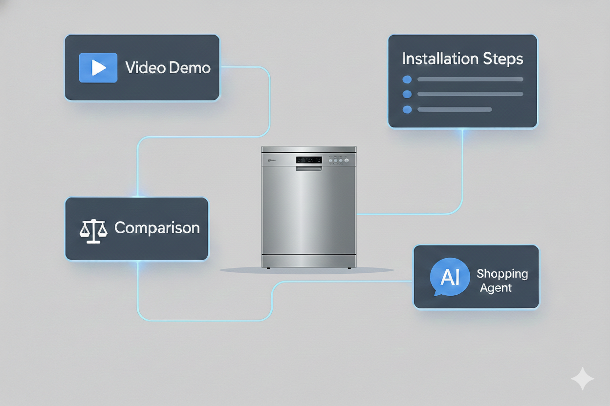 Gemini said A central graphic of a modern stainless steel dishwasher is surrounded by four interactive digital tabs connected by glowing blue lines.