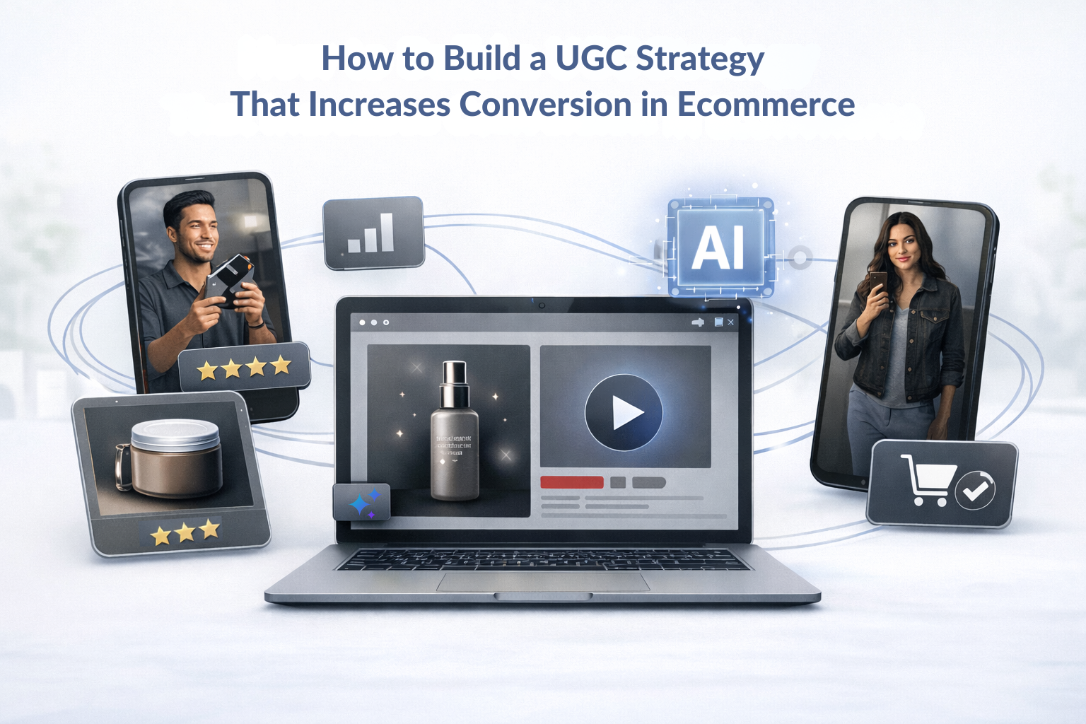 Illustration of an ecommerce product page with shoppable video, user-generated content reviews, and AI-powered recommendations connected across mobile and desktop devices.