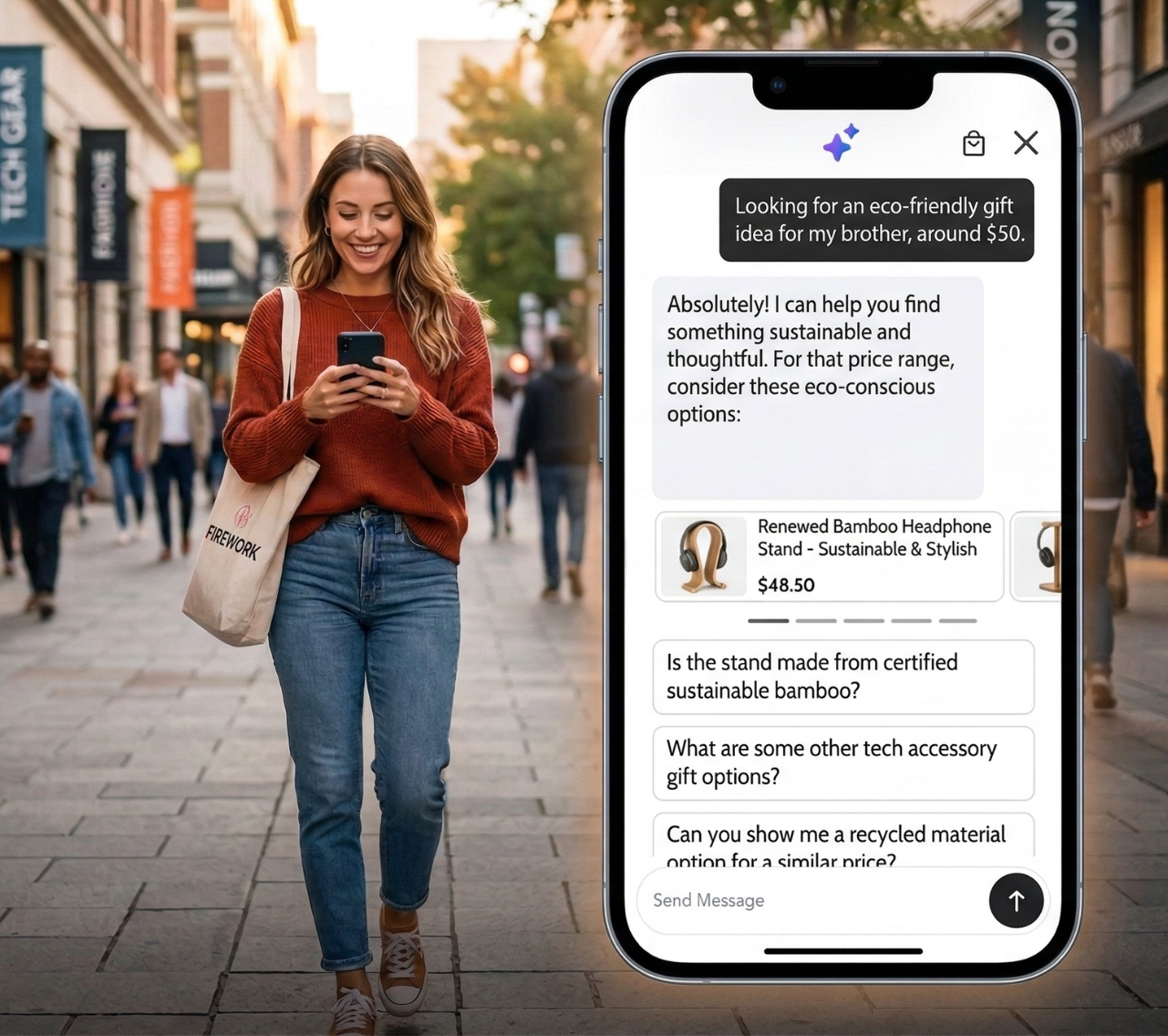 A woman smiles at her phone while walking through an outdoor shopping district, with an inset display showing the Firework AI Shopping Assistant recommending an eco-friendly bamboo headphone stand.
