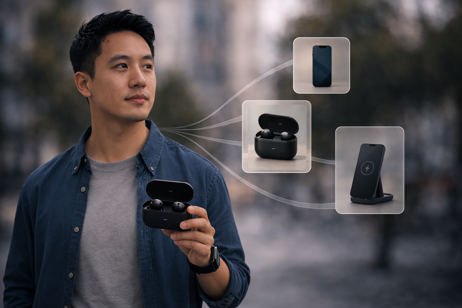 Young man holding wireless earbuds with floating product cards showing consumer electronics products, illustrating shoppable video product discovery in ecommerce.