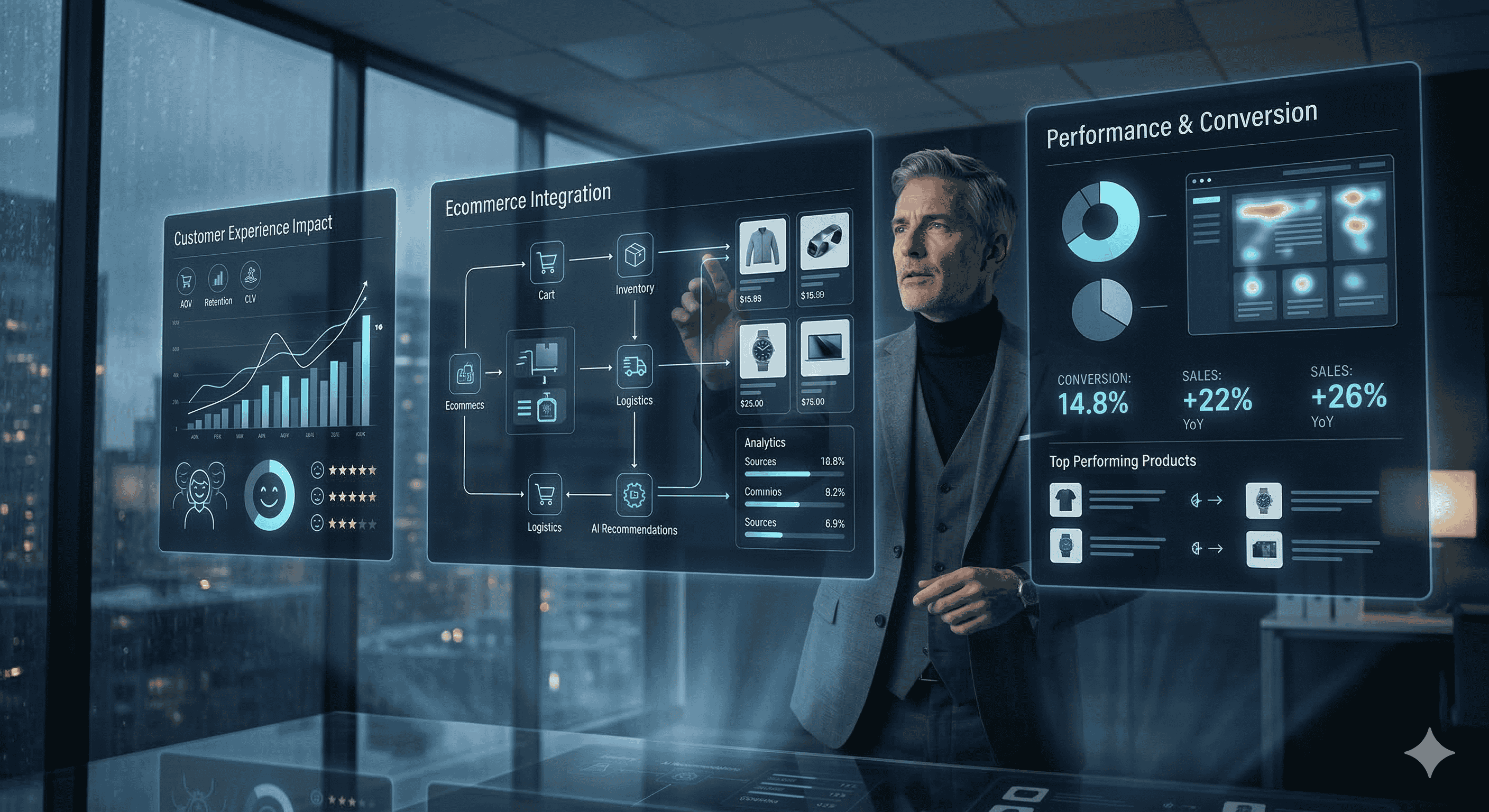A male executive in a modern office interacts with large, floating digital panels displaying enterprise ecommerce analytics for customer experience, integration, and performance.