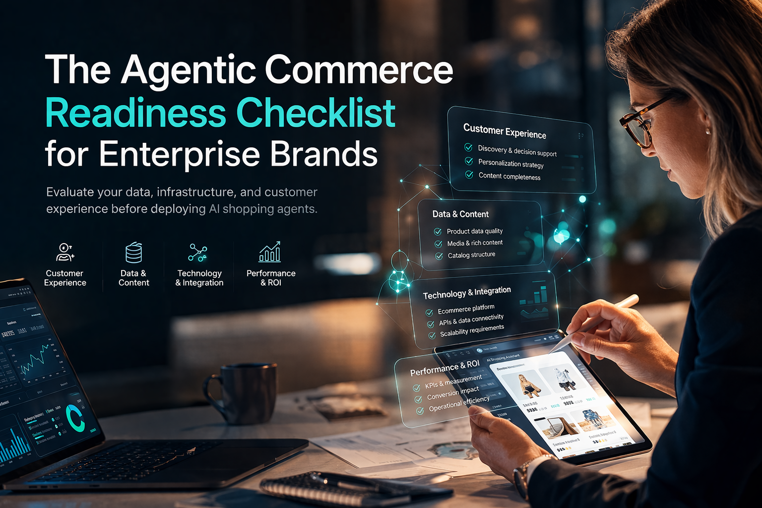 Business professional reviewing an AI-powered ecommerce dashboard with checklist items for customer experience, data, integration, and performance.