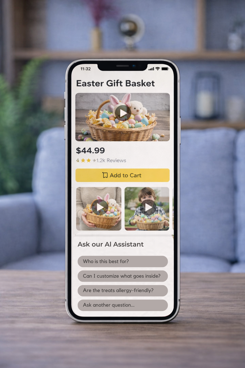 iPhone displaying an Easter gift basket product page with video content and AI assistant questions to help shoppers make a purchase decision.