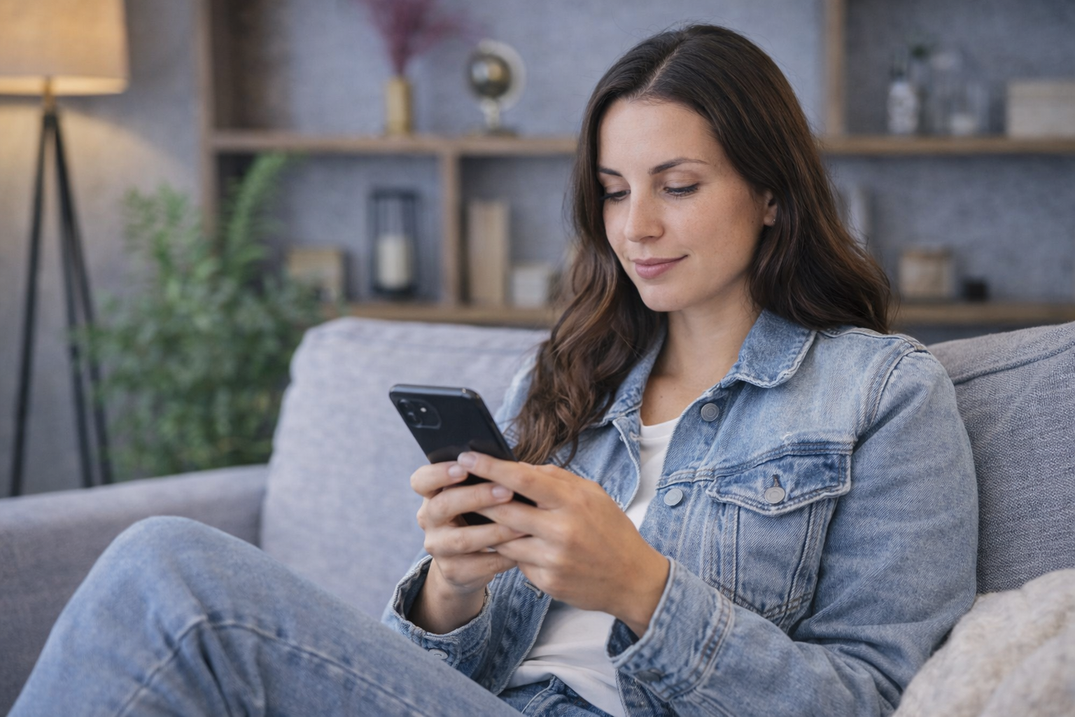 A woman sits comfortably on a couch in a softly lit living room, holding and looking down at her smartphone with a relaxed expression, while the background remains gently blurred with plants and home decor visible.