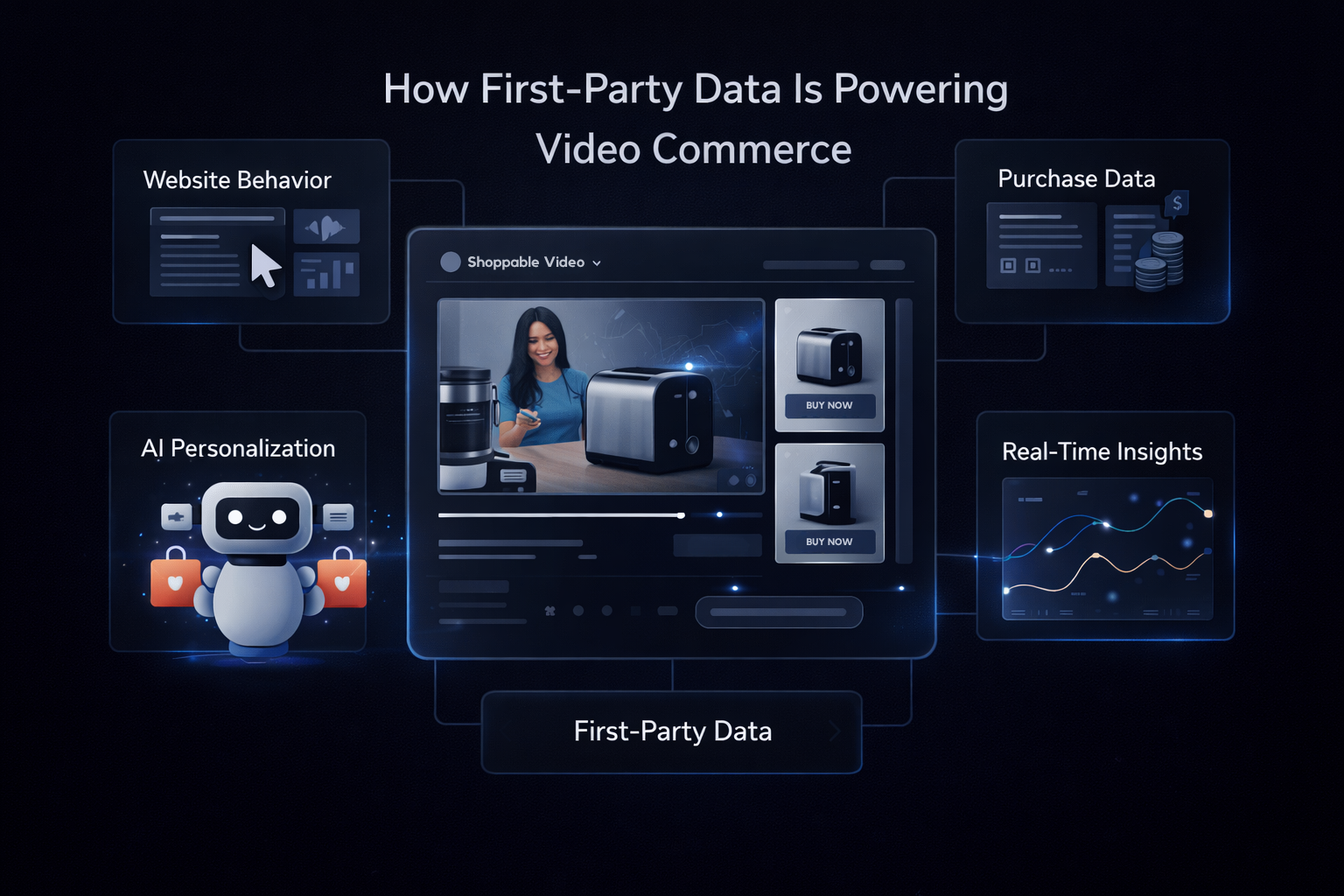 Dark-themed infographic showing how first-party data powers video commerce, with a central shoppable video interface surrounded by panels for website behavior, purchase data, AI personalization, and real-time insights.