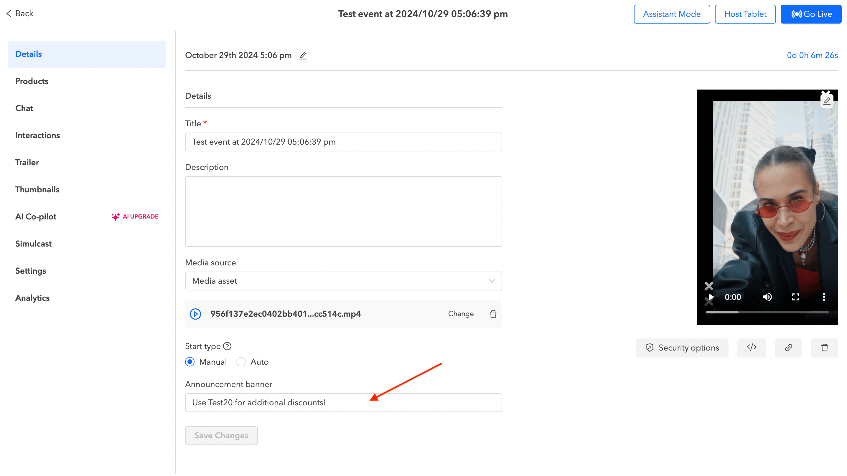 Announcement into your Livestream