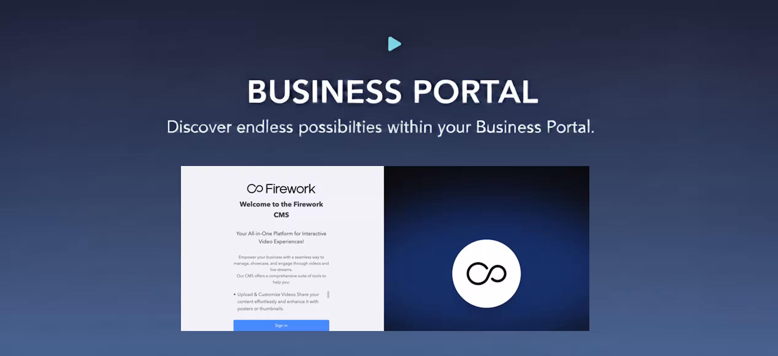 Firework “Business Portal” help slide showing the Firework CMS and portal login interface.