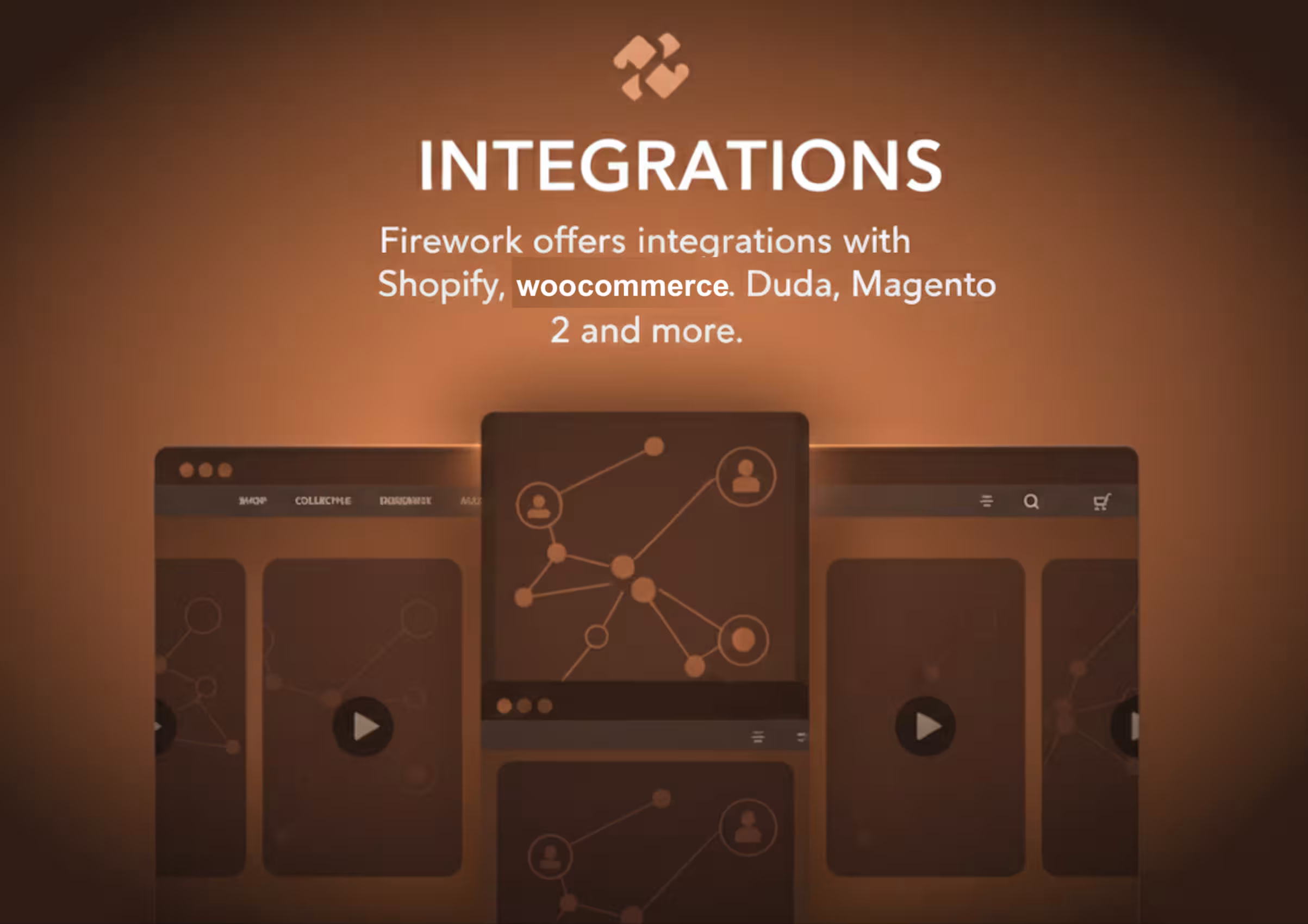 Firework “Integrations” help slide showing supported platform integrations such as Shopify and WooCommerce