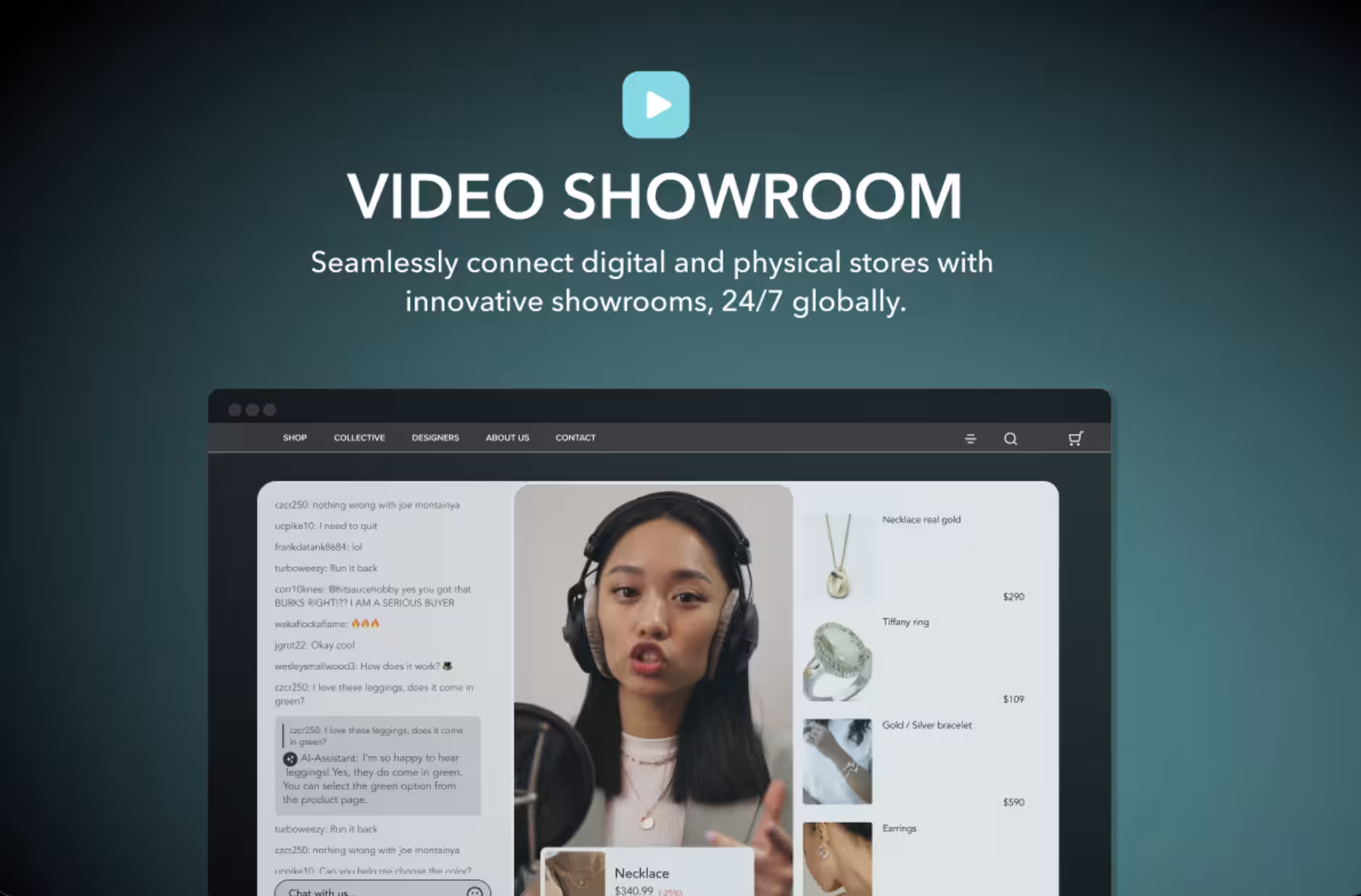 Firework “Video Showroom” help slide showing a digital storefront with video-based shopping features.