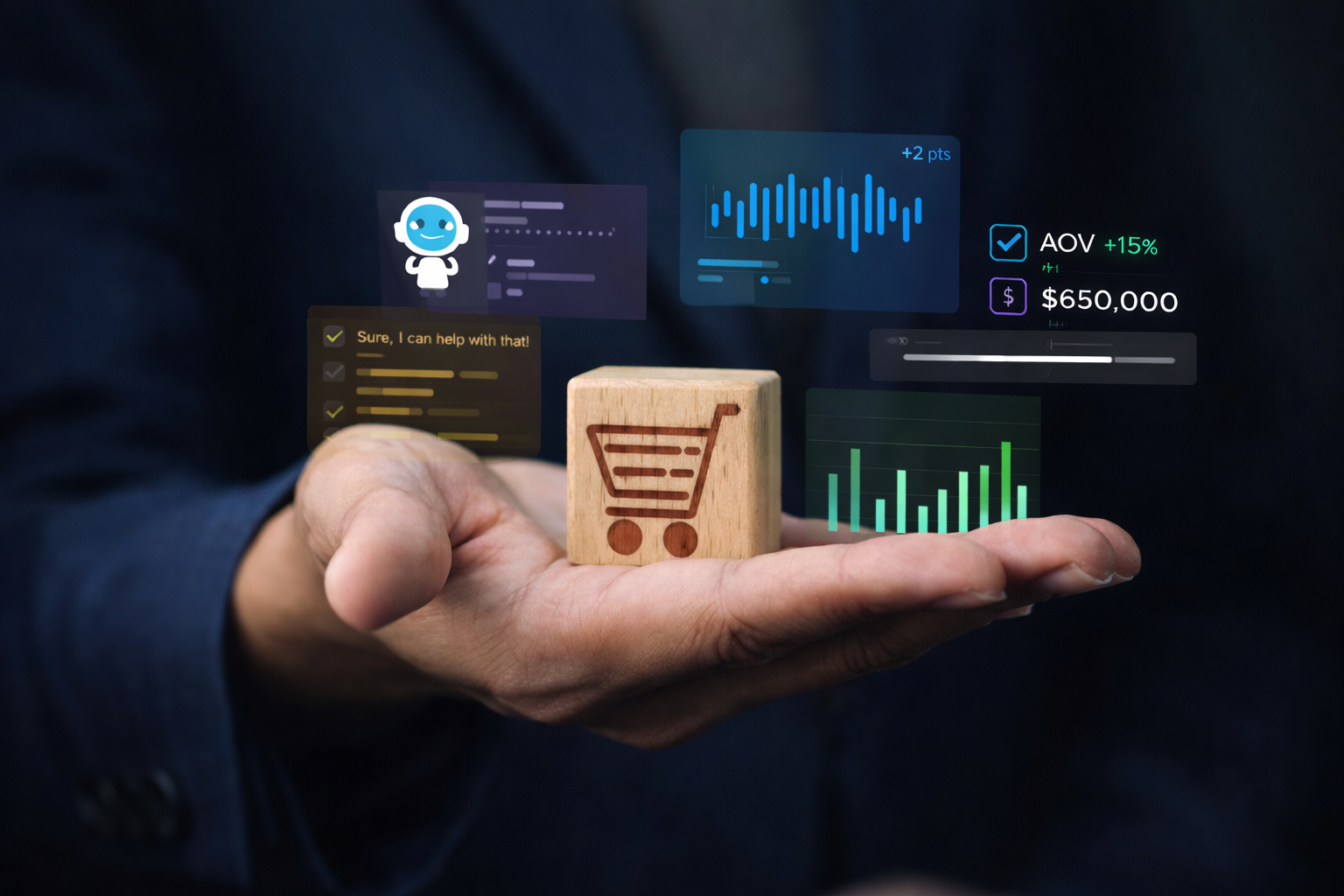 Person in a dark blue suit holding a wooden block with a shopping cart icon, surrounded by floating digital interfaces showing AI assistant, conversion metrics, and ecommerce analytics.