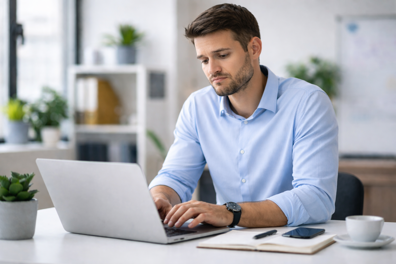 Man in a light blue shirt sitting at a desk, typing on a laptop with a neutral, focused expression in a clean, modern office setting.
