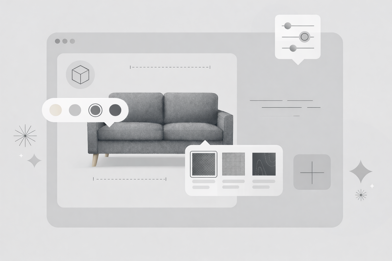 Minimal grayscale illustration of an online furniture customization interface featuring a gray couch, fabric swatches, material options, and simple product adjustment controls on a soft gray background.
