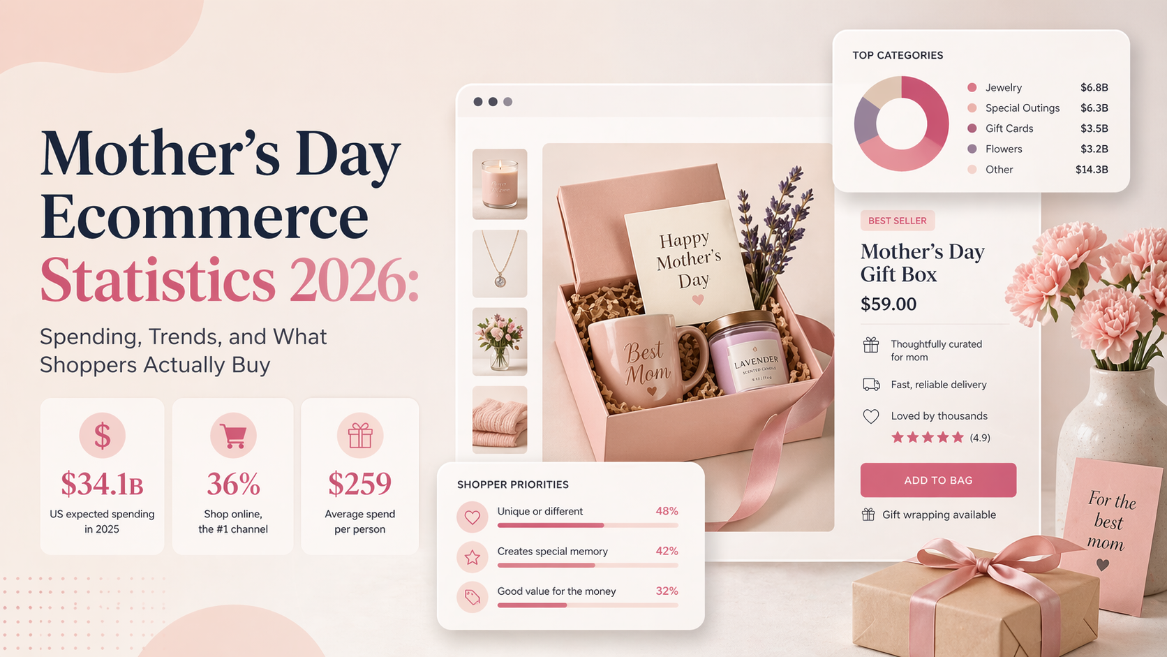 Soft pink Mother’s Day ecommerce infographic featuring a curated gift box, product page UI, and key stats on spending, online shopping, and shopper behavior.